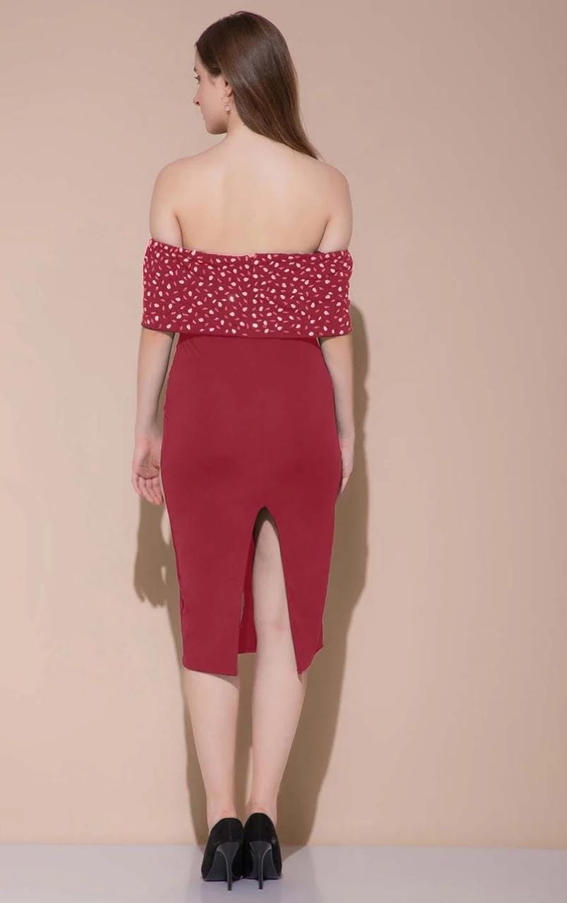 The Sangria Sunset - Red Off-Shoulder Pencil Dress - Image 2