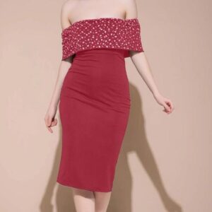 The Sangria Sunset – Red Off-Shoulder Pencil Dress