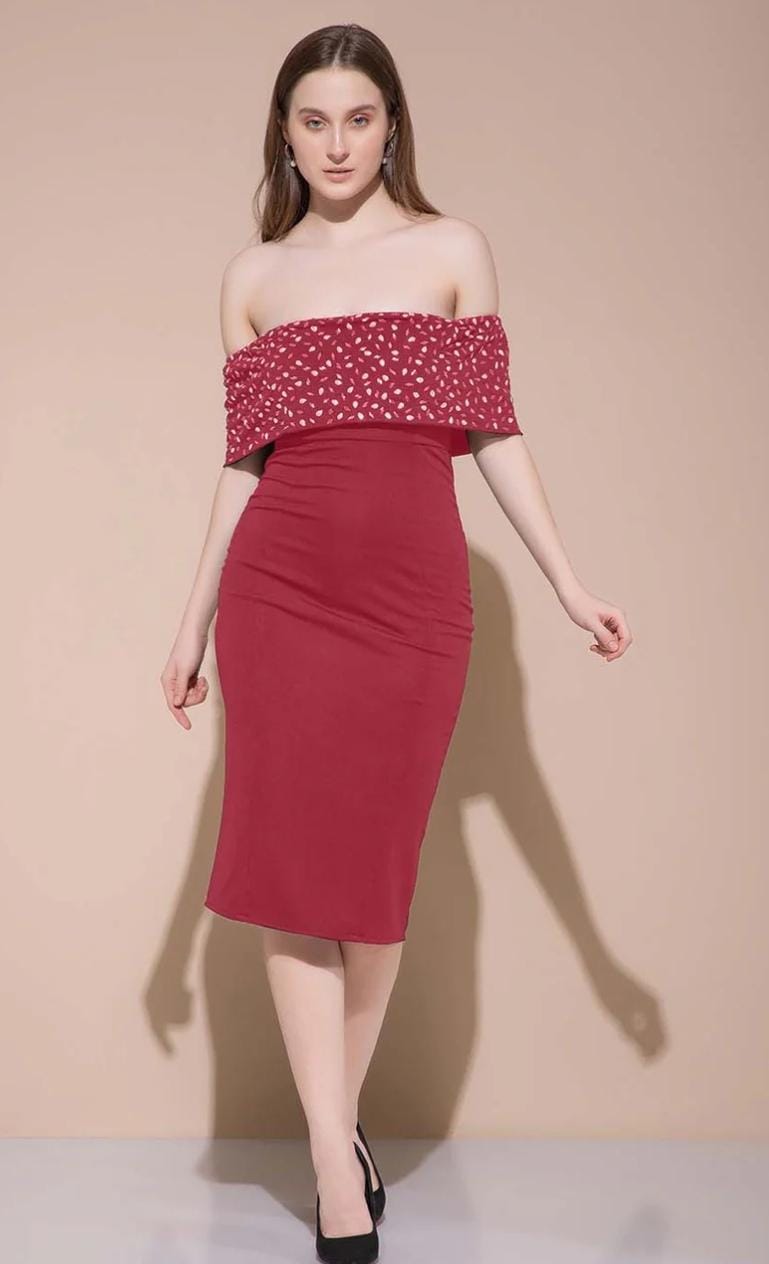 The Sangria Sunset - Red Off-Shoulder Pencil Dress